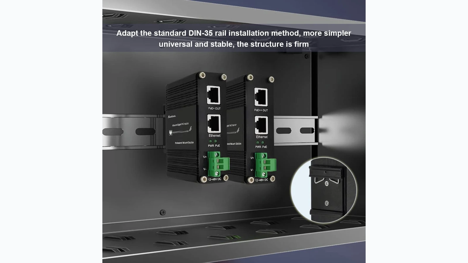 Illustrative industrial PoE injector DIN-rail installation